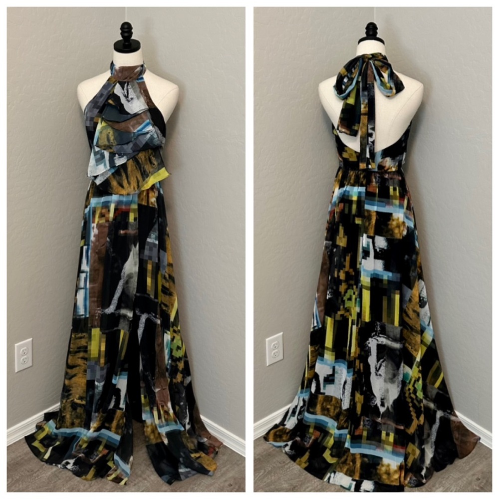 NEW JOVANI SZ 2 HALTER CHIFFON ABSTRACT PRINT HIGH SLIT FORMAL EVENING GOWN - Picture 2 of 16